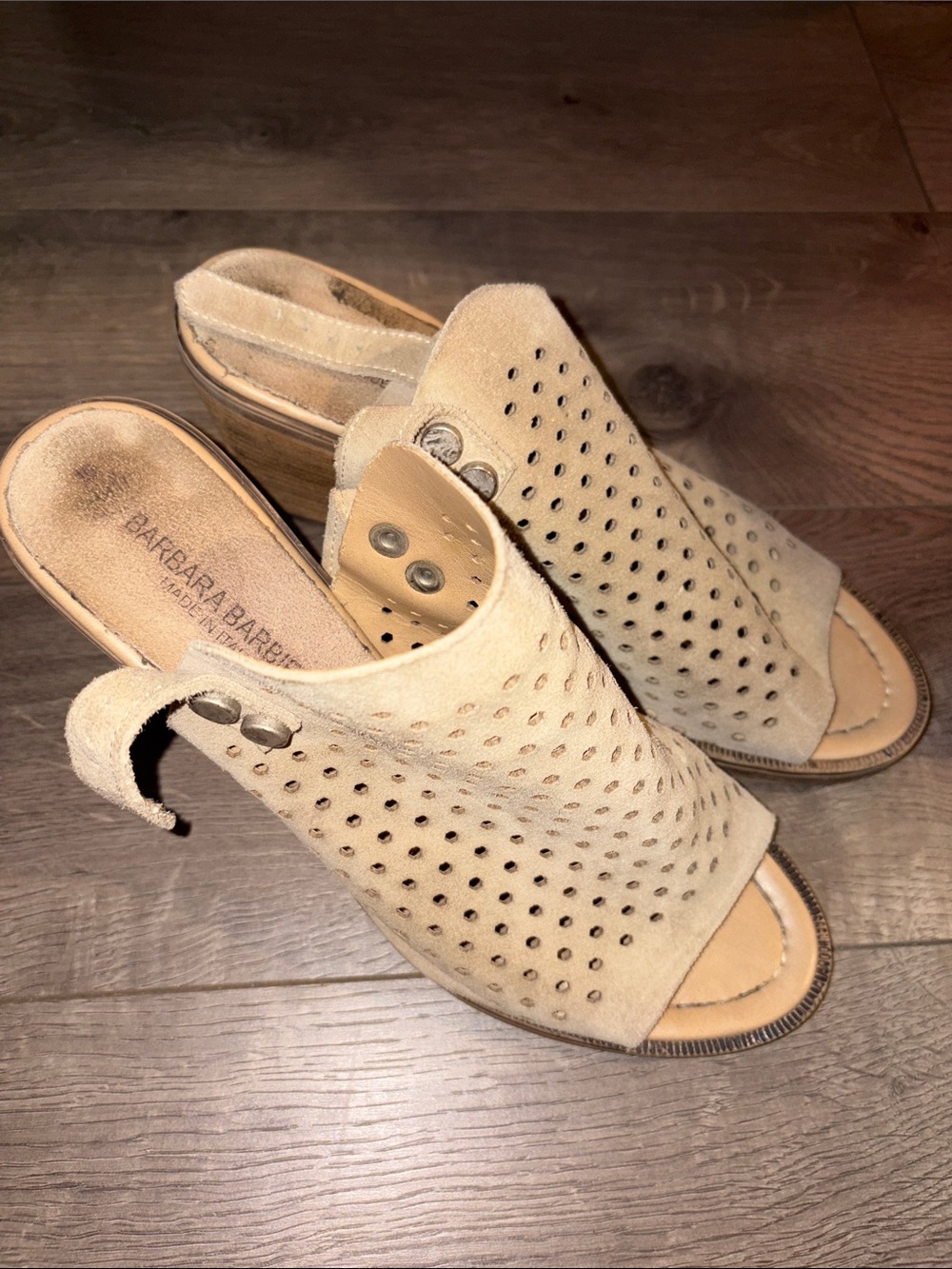 Barbara Barbieri Tan Perforated Suede Open-Toe Mules